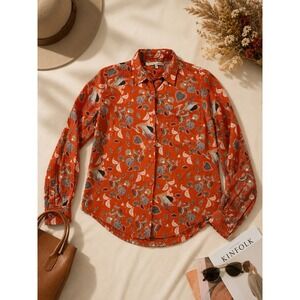 Acote Women Orange Crane Bird Floral Print Cotton Button Up Shirt Blouse Size 1